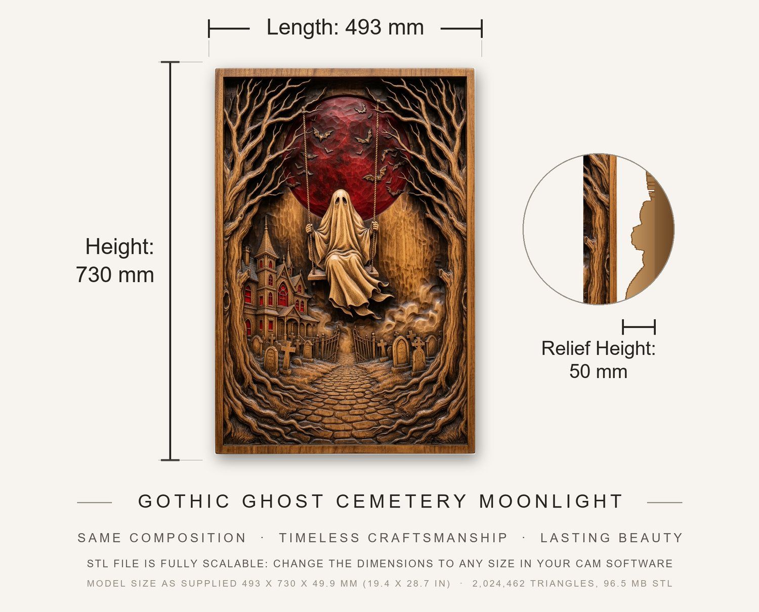 Gothic Ghost Cemetery Moonlight CNC Relief STL bas-relief STL — view 3