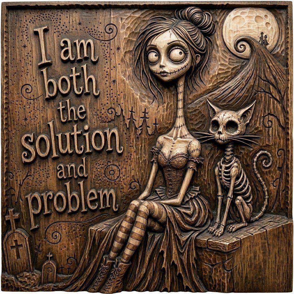 Gothic Girl and Skeleton Cat Wood Panel CNC Relief STL | Dark Whimsical Wall Art | Spooky Macabre Decor Sculpture Carving — carved bas relief STL file for CNC