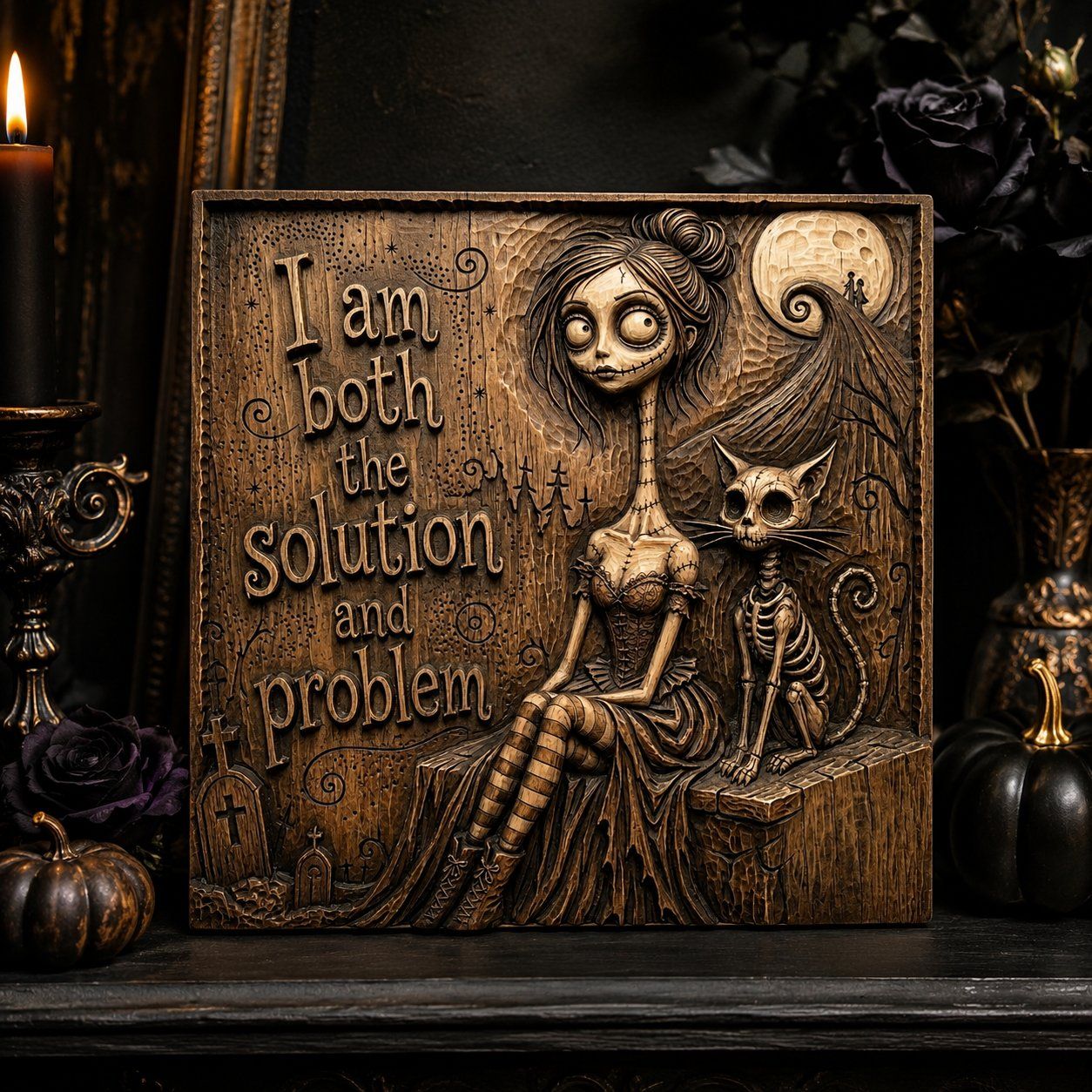 Gothic Girl and Skeleton Cat Wood Panel CNC Relief STL bas-relief STL — view 10