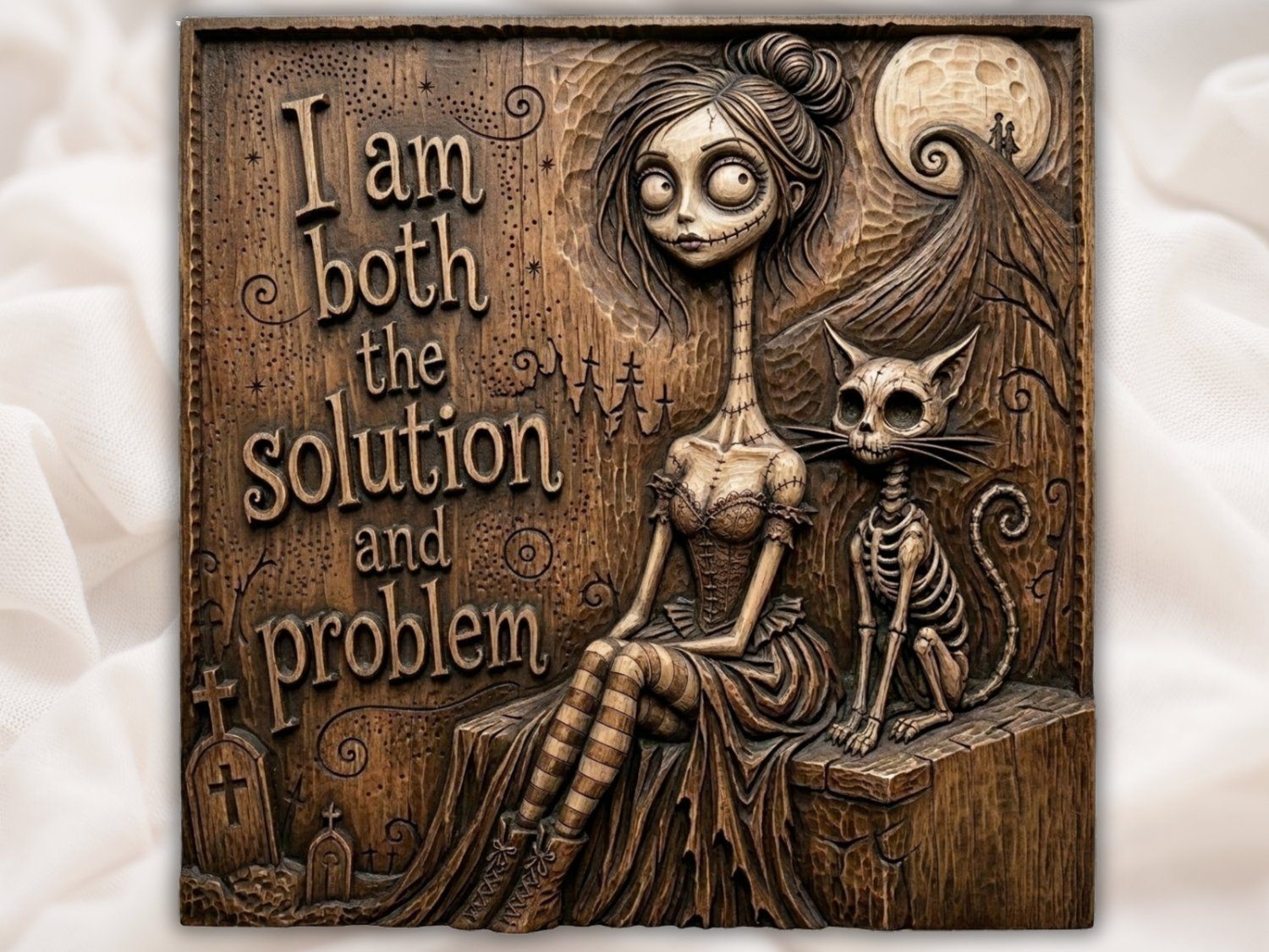 Gothic Girl and Skeleton Cat Wood Panel CNC Relief STL bas-relief STL — view 2