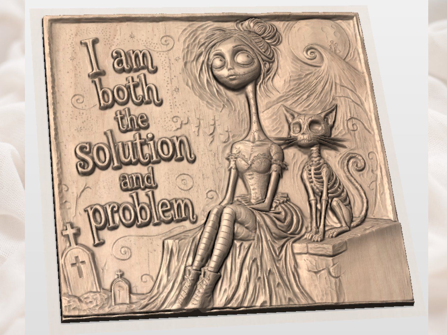 Gothic Girl and Skeleton Cat Wood Panel CNC Relief STL bas-relief STL — view 3
