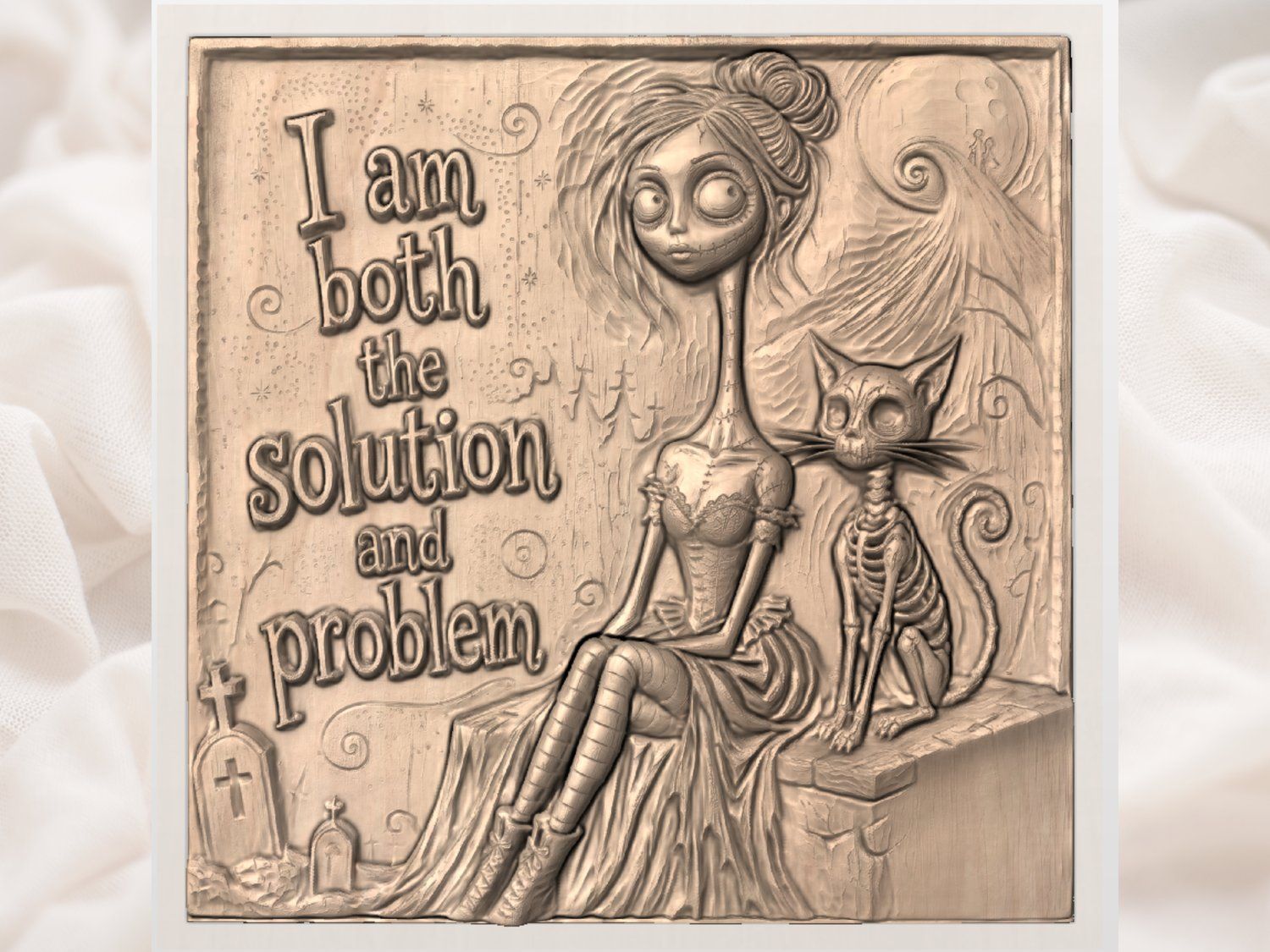 Gothic Girl and Skeleton Cat Wood Panel CNC Relief STL bas-relief STL — view 4