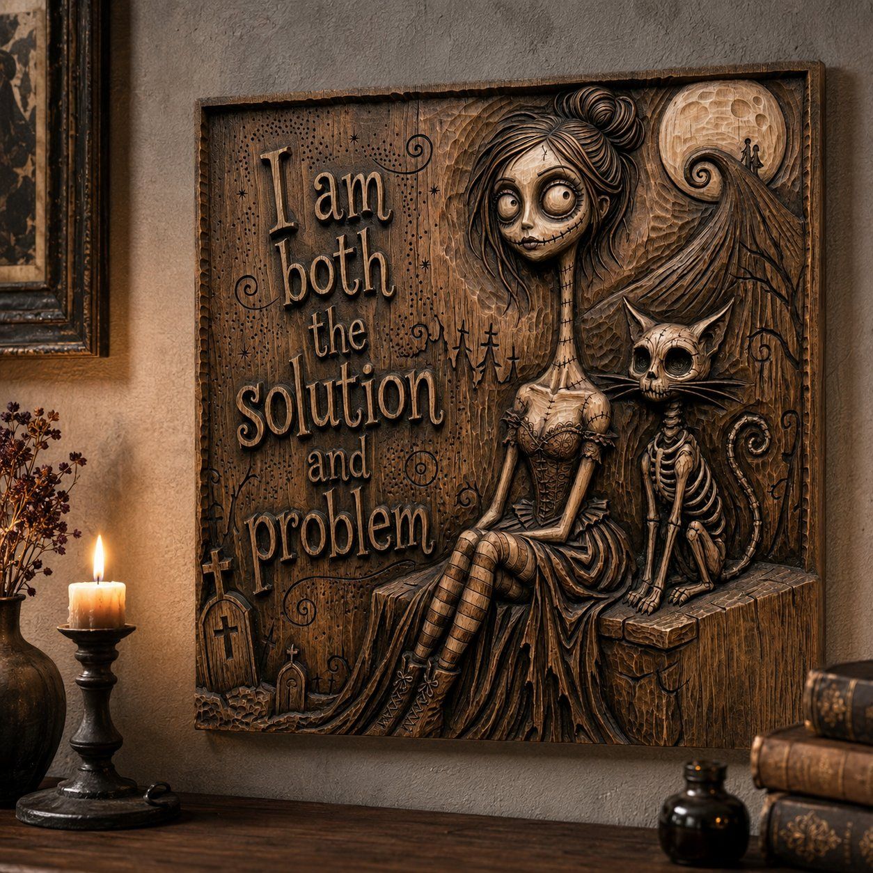 Gothic Girl and Skeleton Cat Wood Panel CNC Relief STL bas-relief STL — view 6