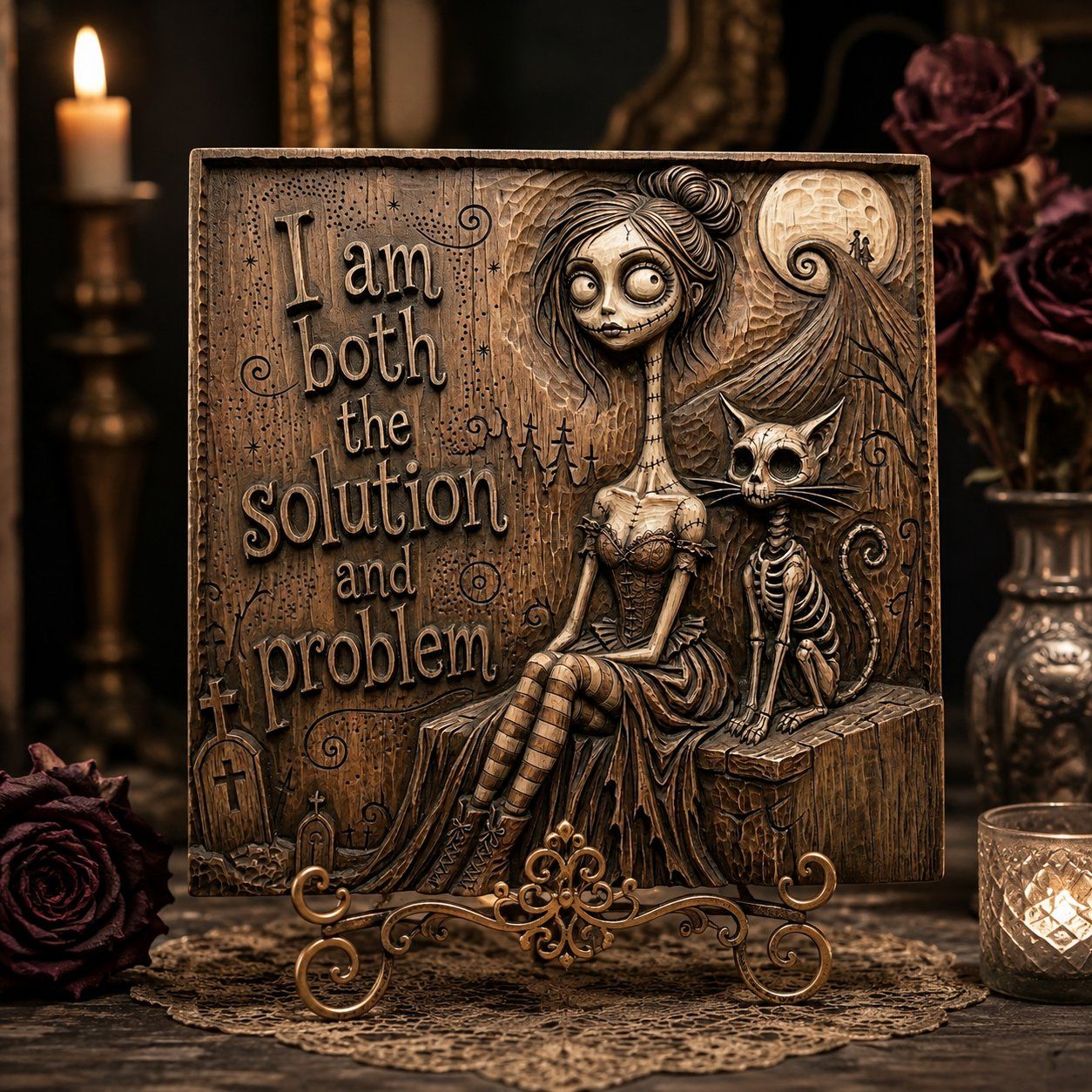Gothic Girl and Skeleton Cat Wood Panel CNC Relief STL bas-relief STL — view 7