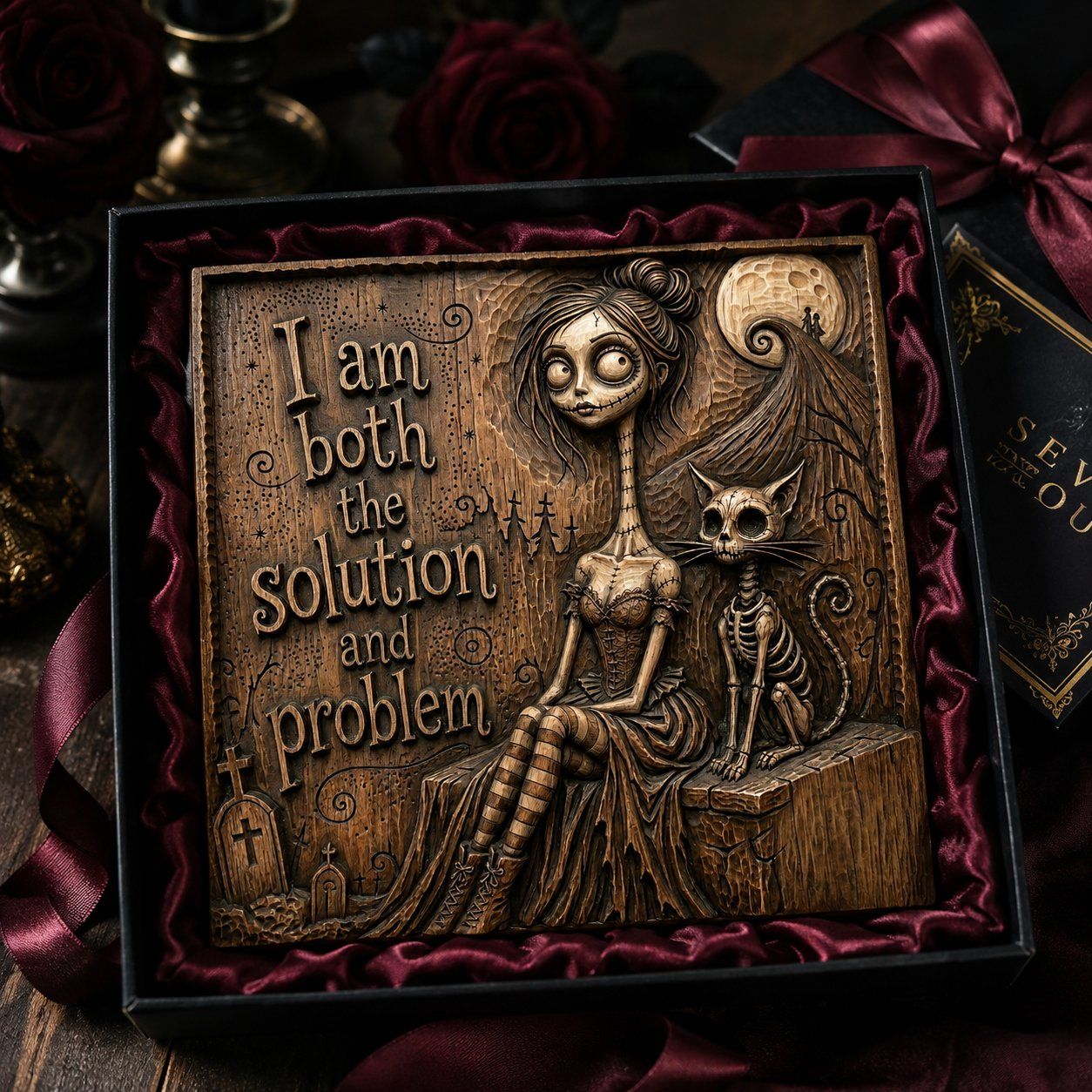 Gothic Girl and Skeleton Cat Wood Panel CNC Relief STL bas-relief STL — view 9