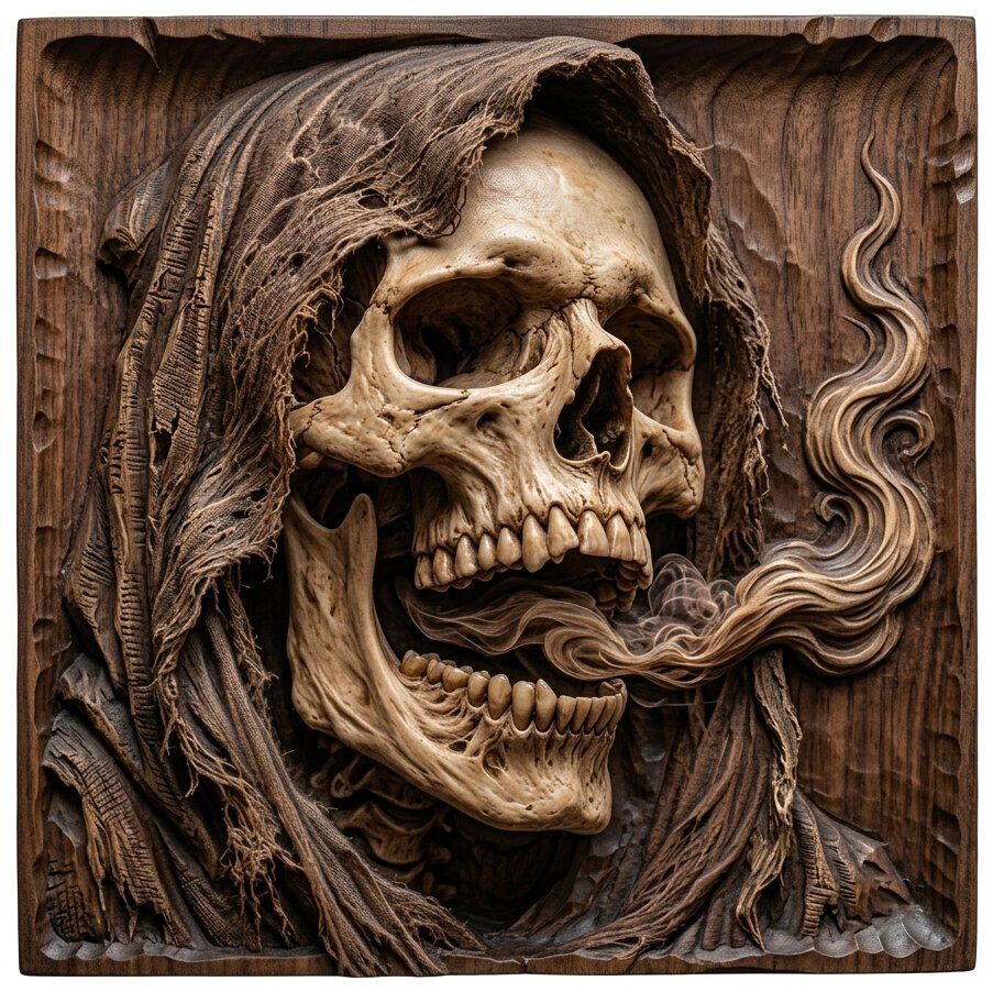 Gothic Hooded Grim Reaper Skull CNC Relief STL | Macabre Horror Wall Art Panel | Memento Mori Wood Carving Design | Dark Fantasy Decor — carved bas relief STL file for CNC