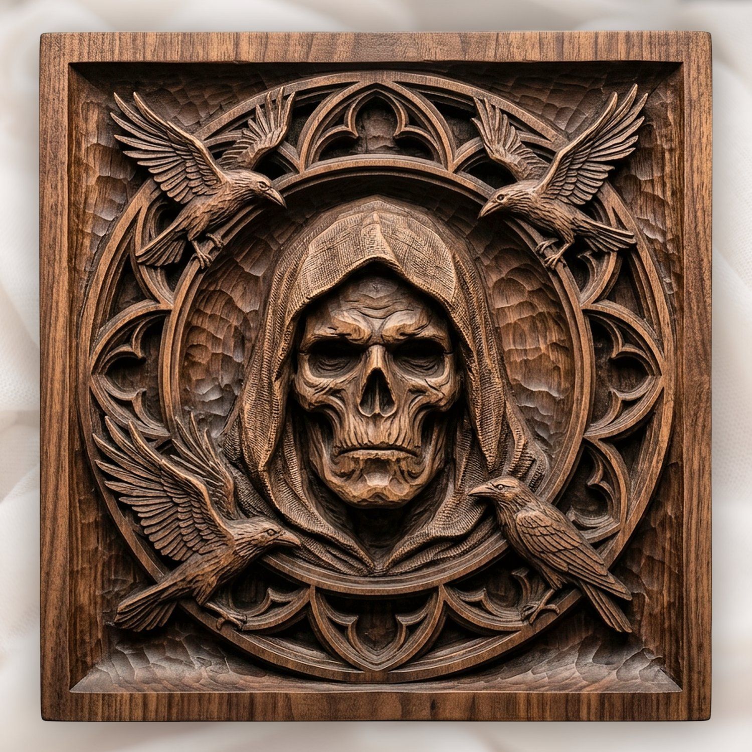 Gothic Hooded Reaper and Ravens Panel CNC Relief STL bas-relief STL design