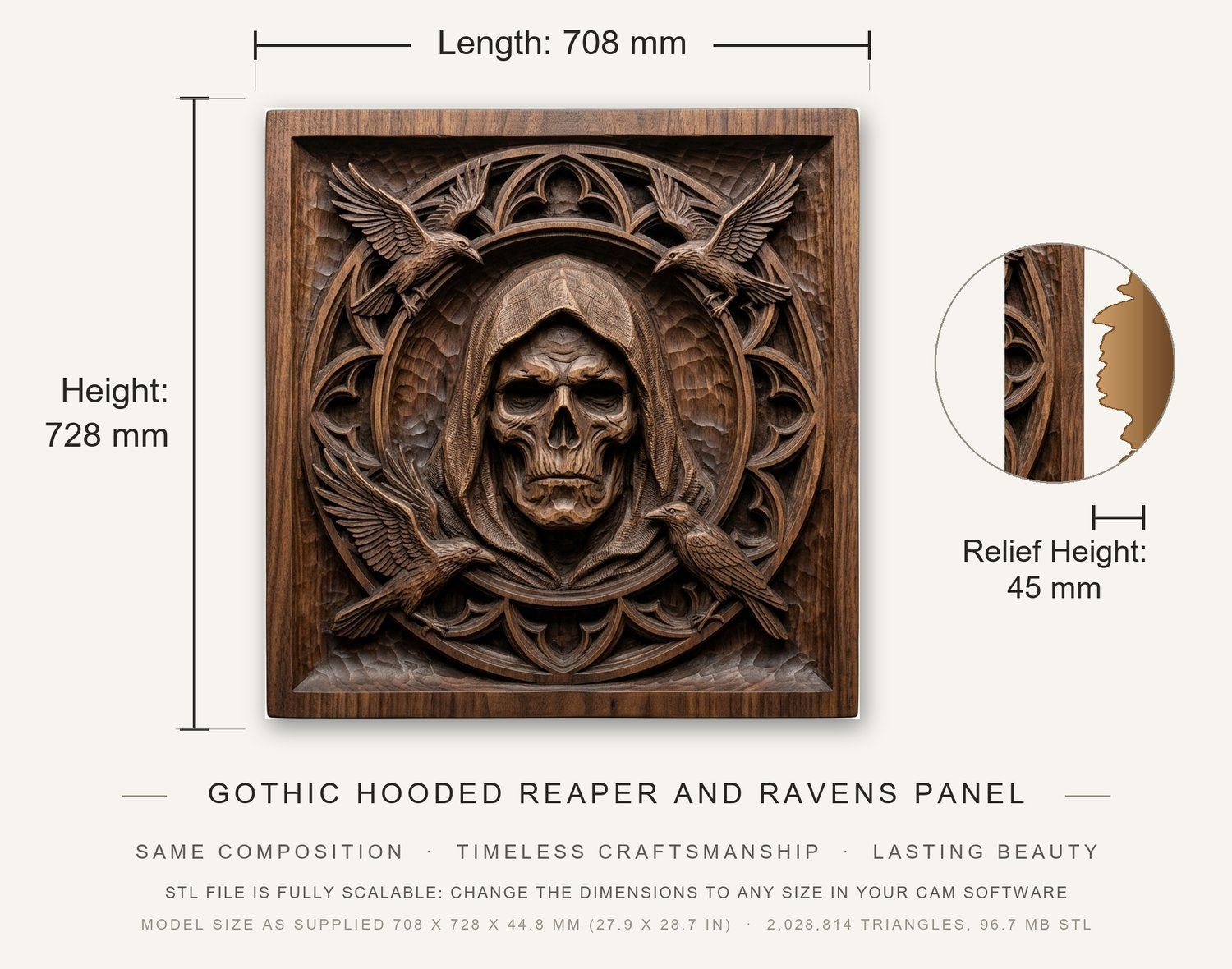 Gothic Hooded Reaper and Ravens Panel CNC Relief STL bas-relief STL — view 3