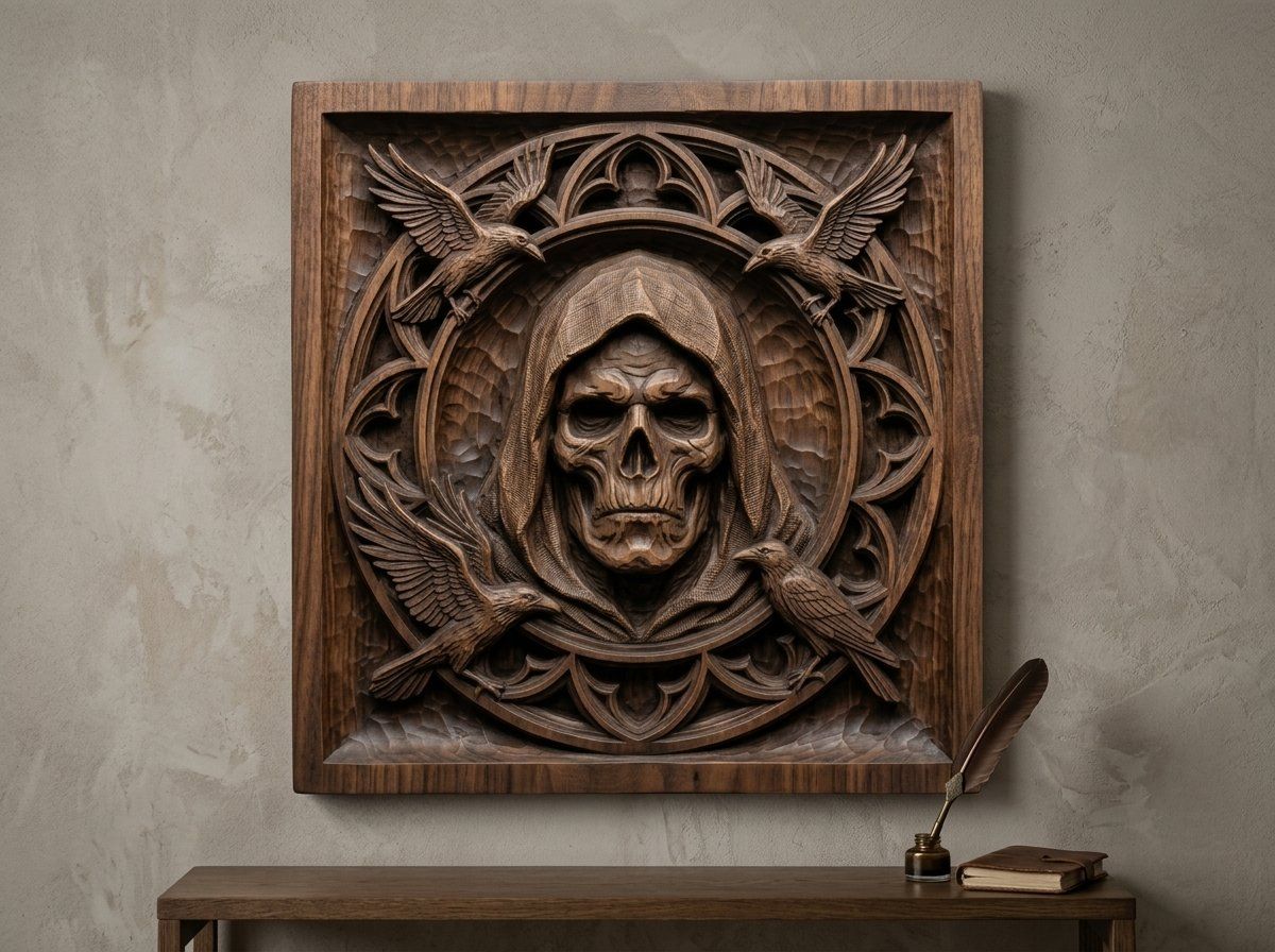 Gothic Hooded Reaper and Ravens Panel CNC Relief STL bas-relief STL — view 12
