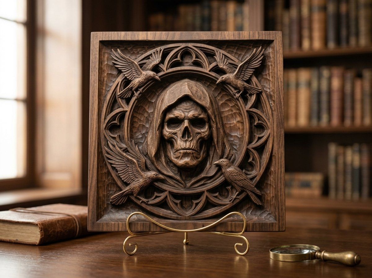 Gothic Hooded Reaper and Ravens Panel CNC Relief STL bas-relief STL — view 13