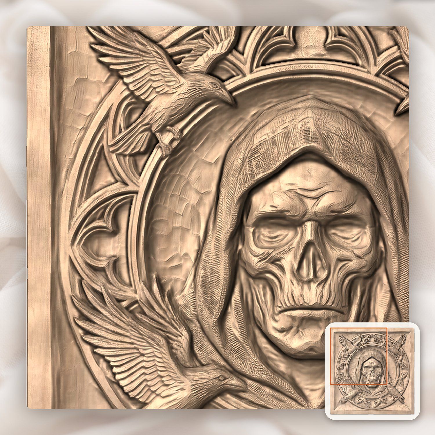Gothic Hooded Reaper and Ravens Panel CNC Relief STL bas-relief STL — view 6