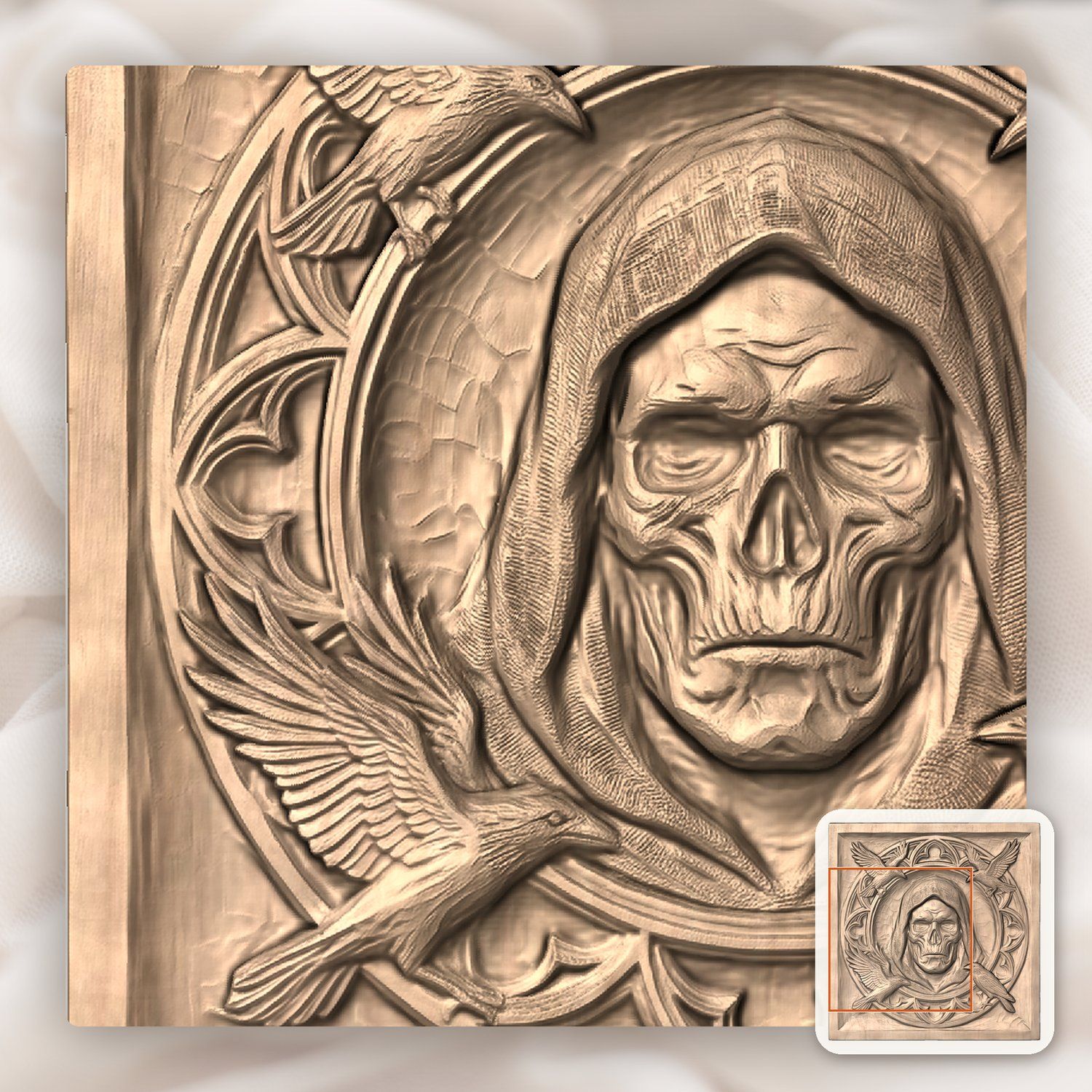 Gothic Hooded Reaper and Ravens Panel CNC Relief STL bas-relief STL — view 7