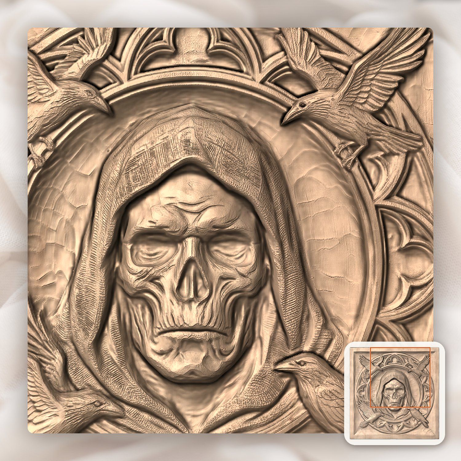 Gothic Hooded Reaper and Ravens Panel CNC Relief STL bas-relief STL — view 8