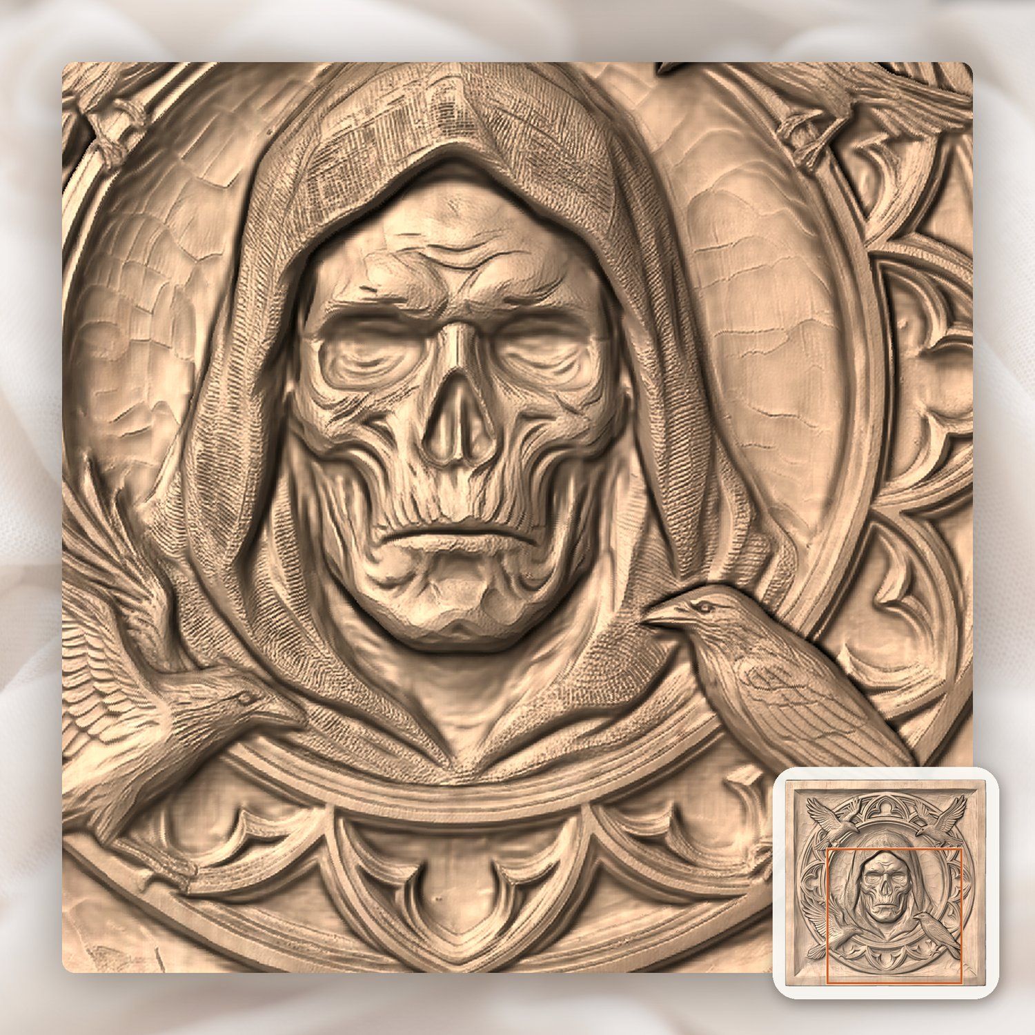 Gothic Hooded Reaper and Ravens Panel CNC Relief STL bas-relief STL — view 9