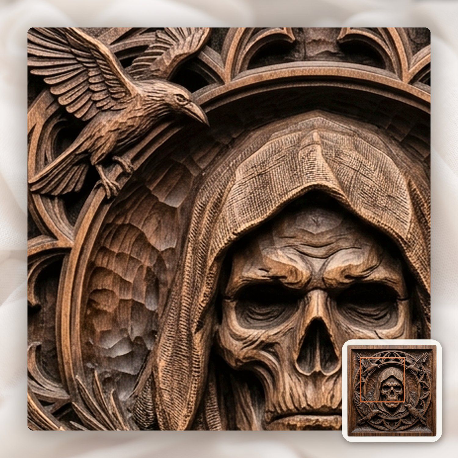 Gothic Hooded Reaper and Ravens Panel CNC Relief STL bas-relief STL — view 10