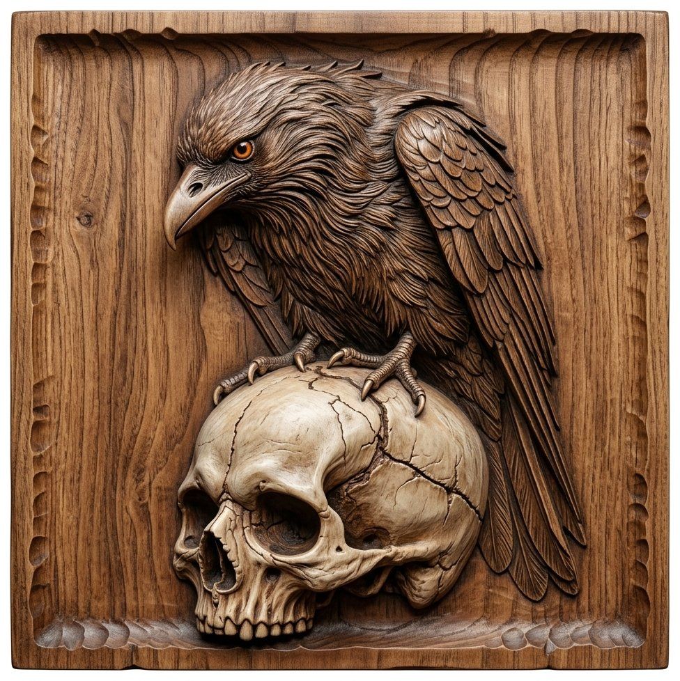 Gothic Raven Skull Guardian CNC Relief STL | Dark Wood Carving Panel | Memento Mori Wall Art | Rustic Home Decor — carved bas relief STL file for CNC