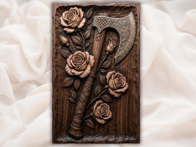 Bas-relief wood carving of a Norse battle axe with a Celtic knot head, surrounded by roses and leaves.