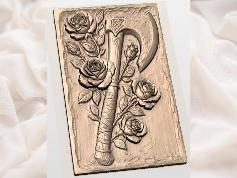Battle Axe and Roses Bas-Relief STL with Celtic Knot Head bas-relief STL — view 2