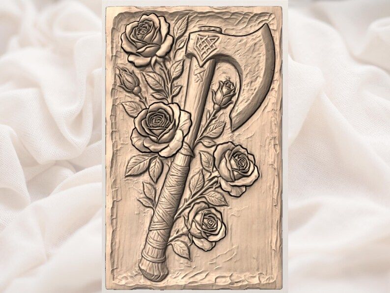 Battle Axe and Roses Bas-Relief STL with Celtic Knot Head bas-relief STL — view 3