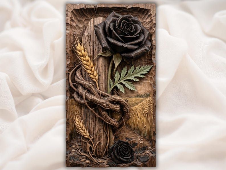 Wood relief carving of a black rose on a weathered cross with thorny vines, wheat stalks, and a small field