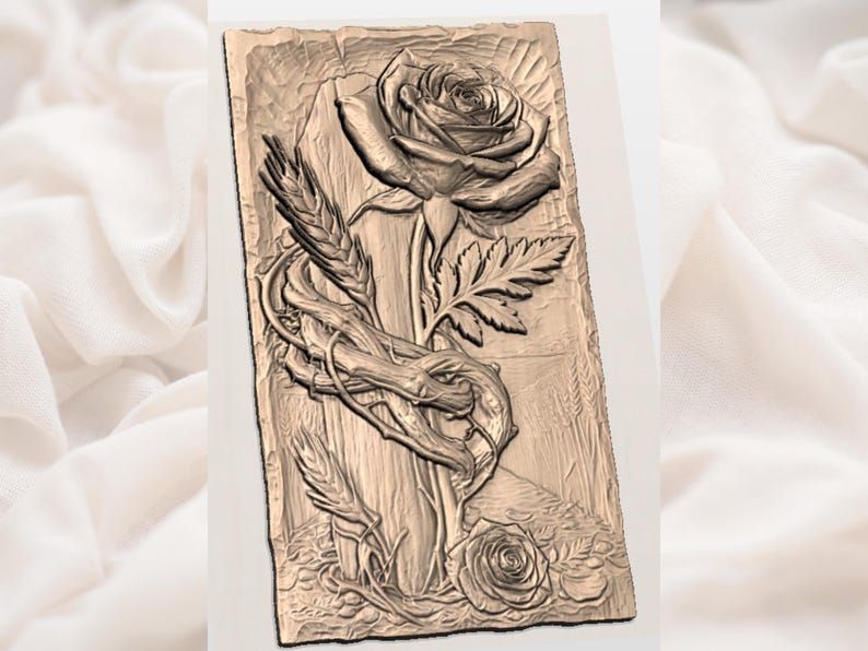 Black Rose and Wooden Cross Relief with Wheat and Thorns bas-relief STL — view 2