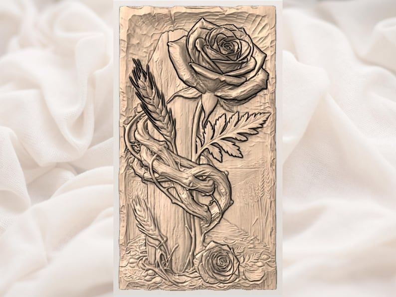Black Rose and Wooden Cross Relief with Wheat and Thorns bas-relief STL — view 3
