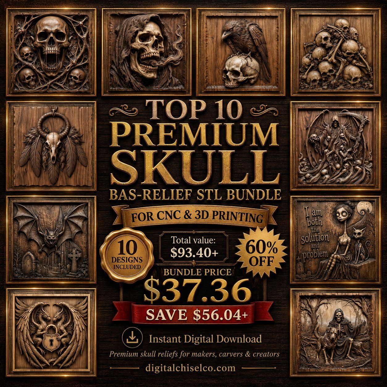 Gothic Skull 10 Design Mega Bundle CNC Relief STL | Macabre Wood Carving Decor | 3D STL Relief Models | Grim Reaper & Raven Designs — carved bas relief STL file for CNC