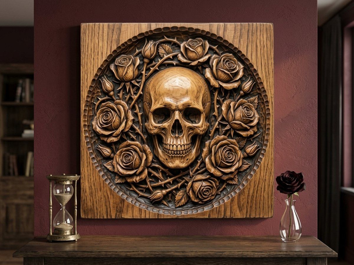 Gothic Skull and Roses Wood Carving CNC Relief STL bas-relief STL — view 11