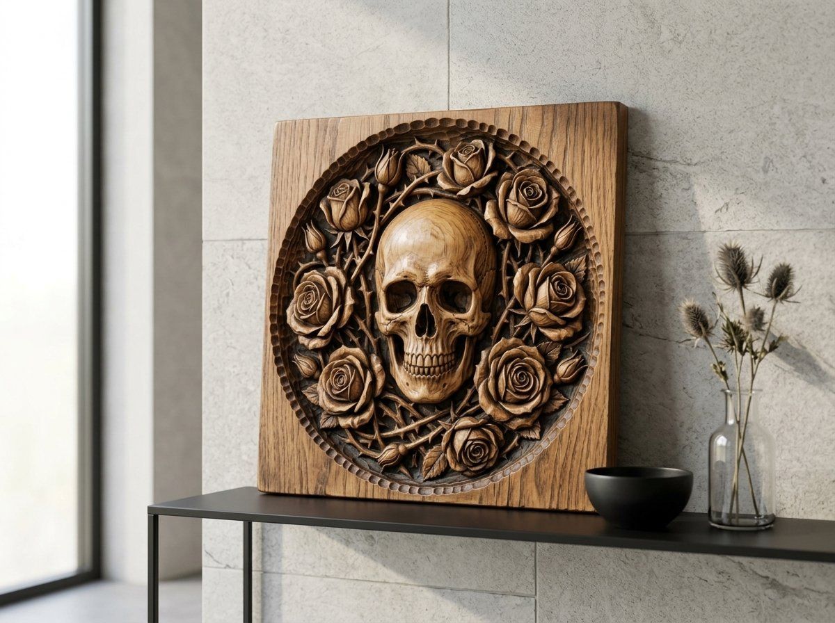 Gothic Skull and Roses Wood Carving CNC Relief STL bas-relief STL — view 12