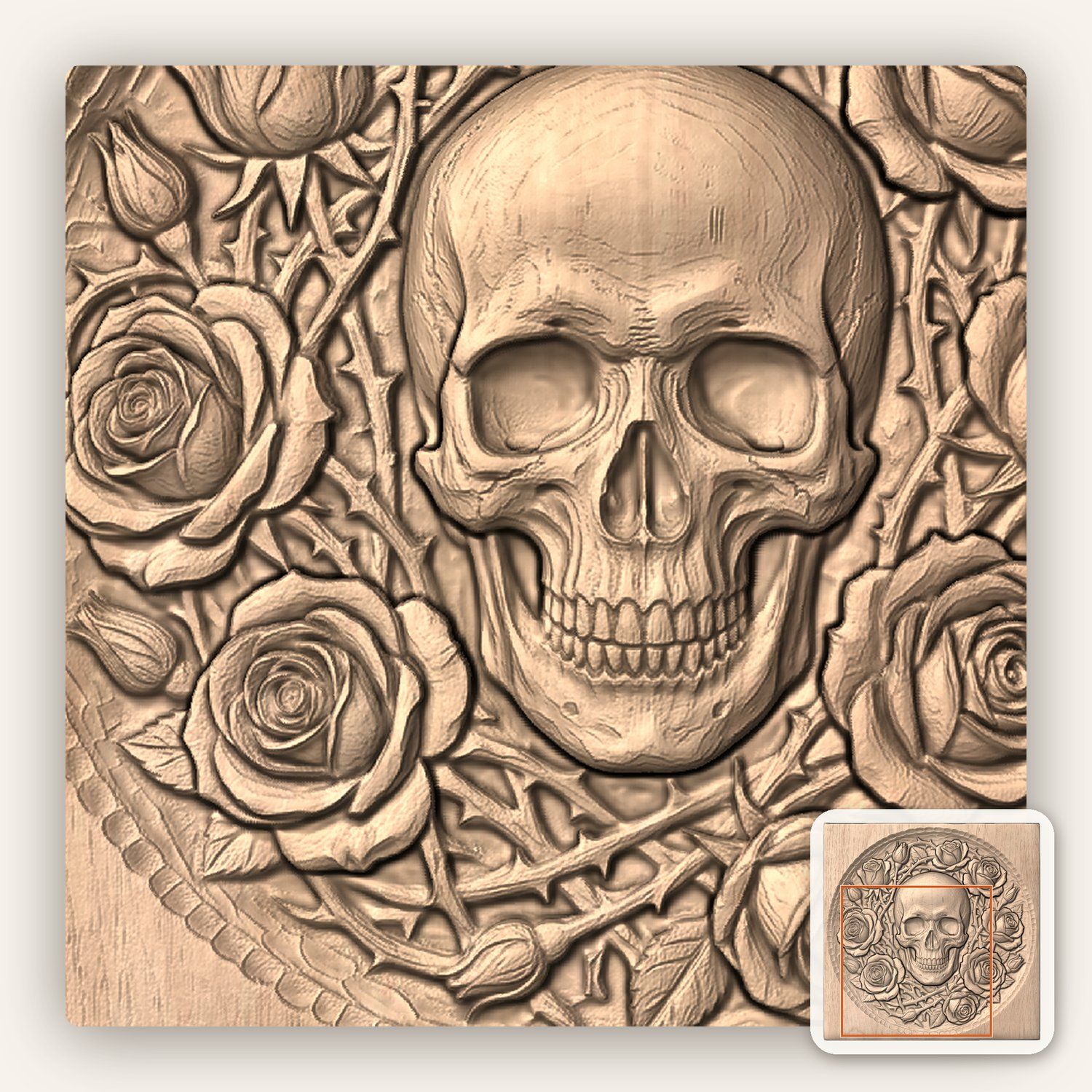 Gothic Skull and Roses Wood Carving CNC Relief STL bas-relief STL — view 5
