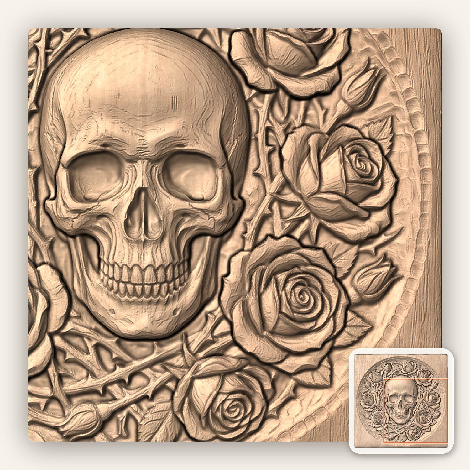 Gothic Skull and Roses Wood Carving CNC Relief STL bas-relief STL — view 6
