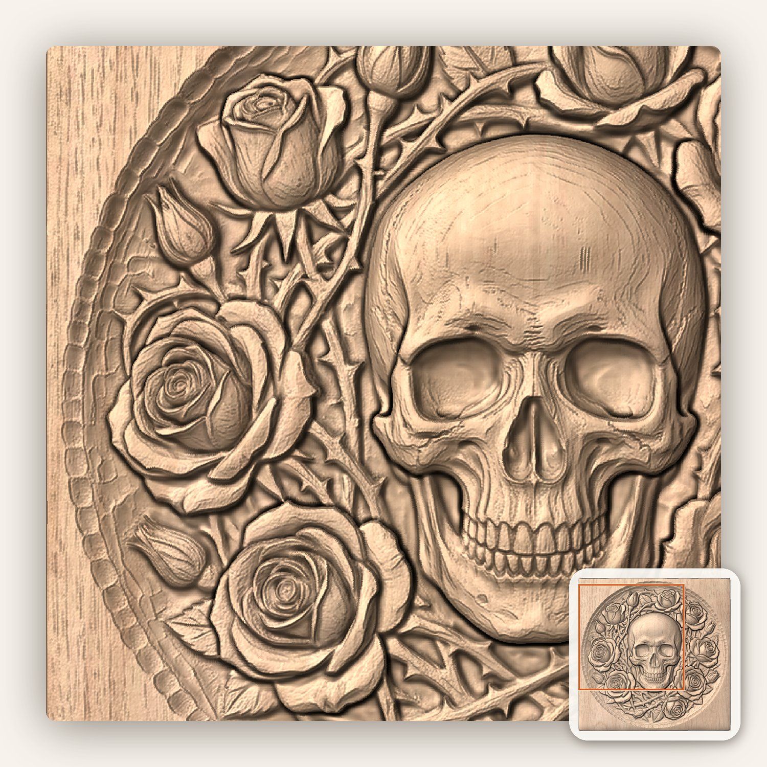 Gothic Skull and Roses Wood Carving CNC Relief STL bas-relief STL — view 7
