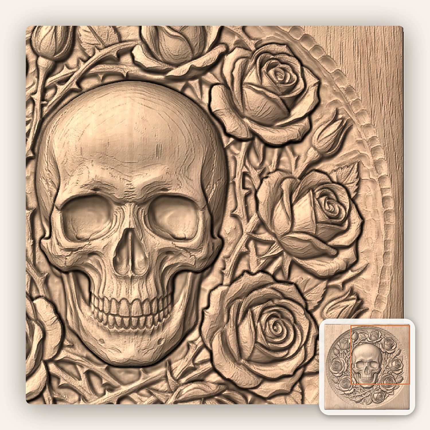 Gothic Skull and Roses Wood Carving CNC Relief STL bas-relief STL — view 8