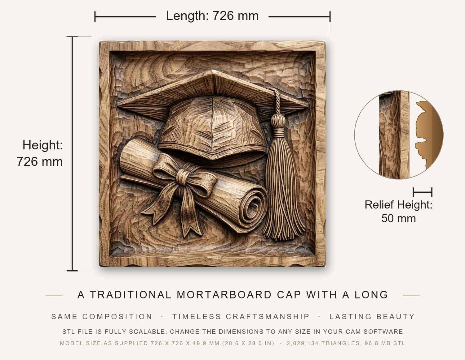 Graduation Cap and Diploma Achievement Plaque CNC Relief STL bas-relief STL — view 3