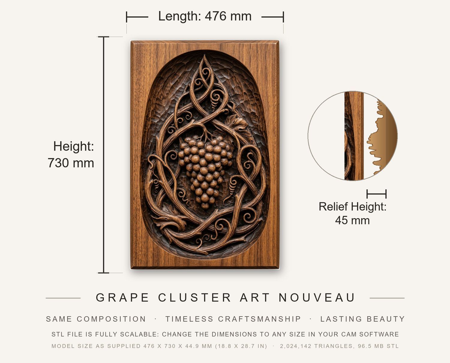 Grape Cluster Art Nouveau CNC Relief STL bas-relief STL — view 12