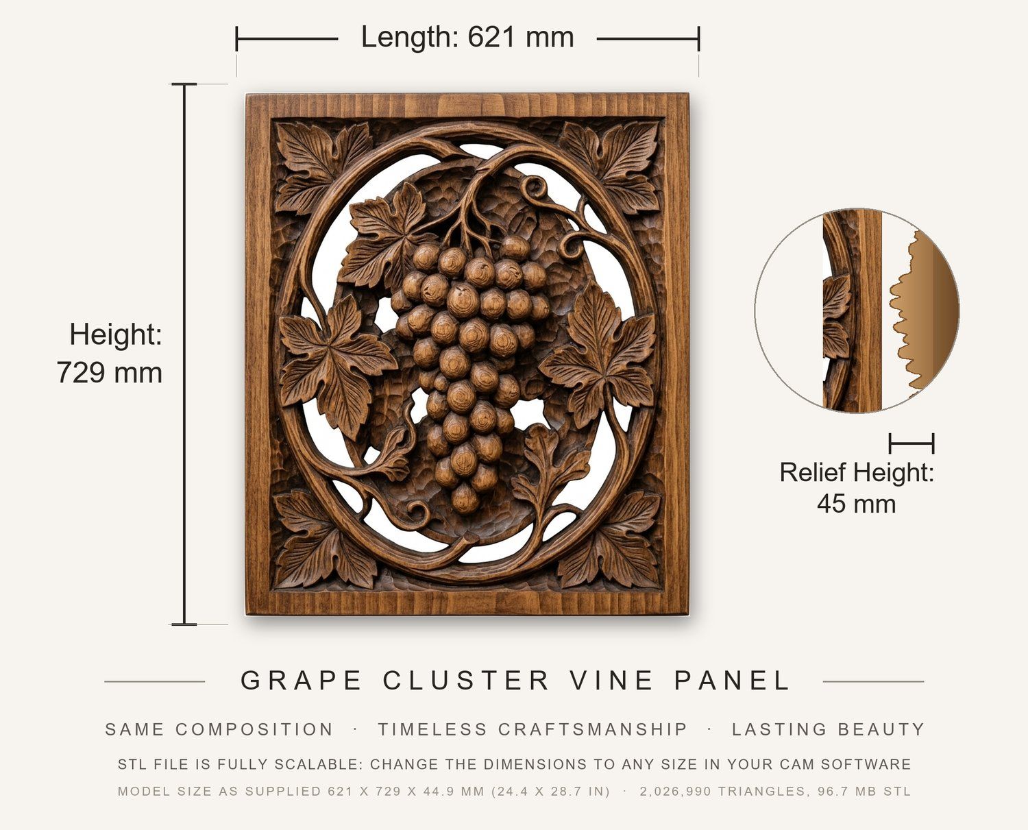 Grape Cluster Vine Panel CNC Relief STL bas-relief STL — view 3