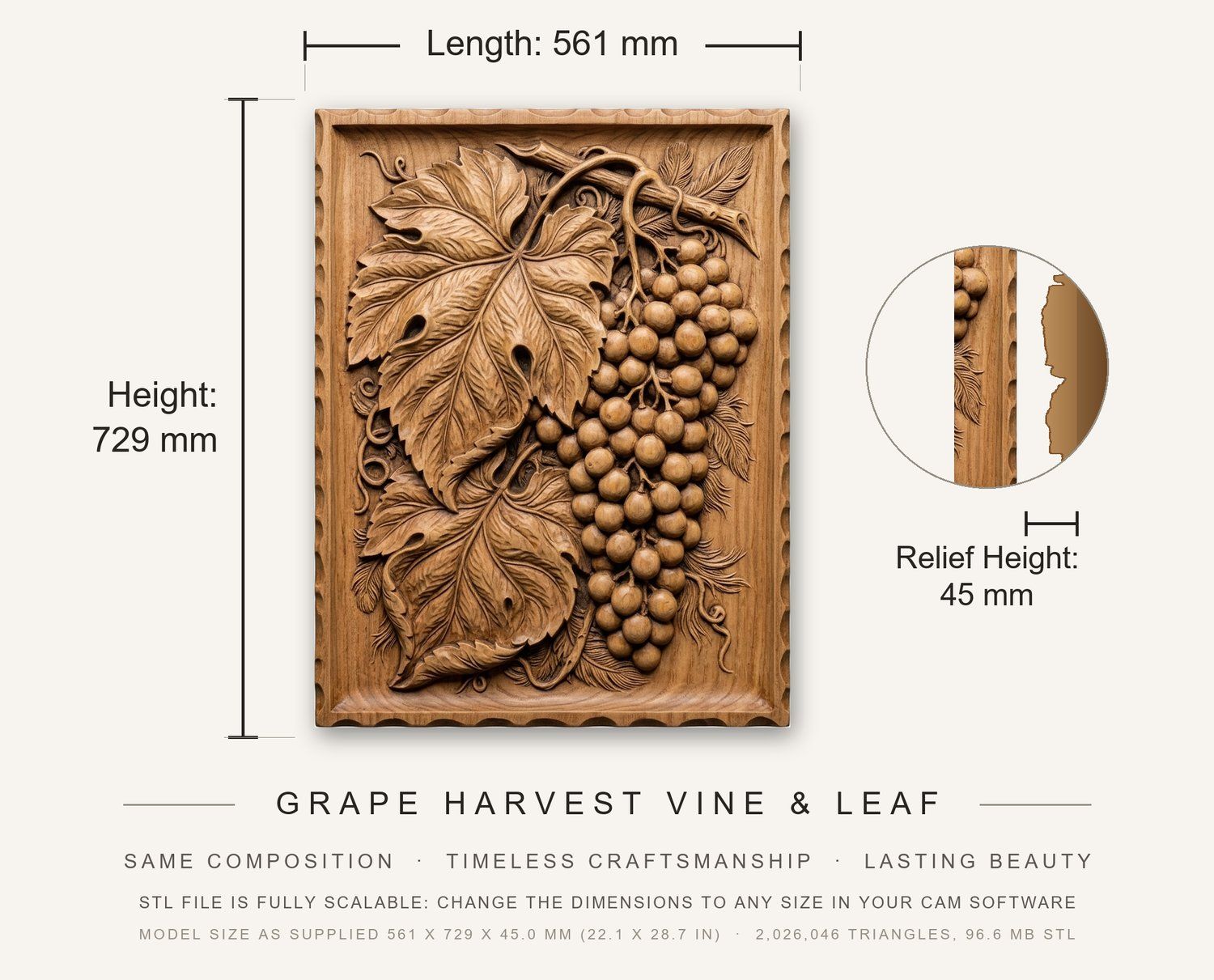 Grape Harvest Vine & Leaf CNC Relief STL bas-relief STL — view 12