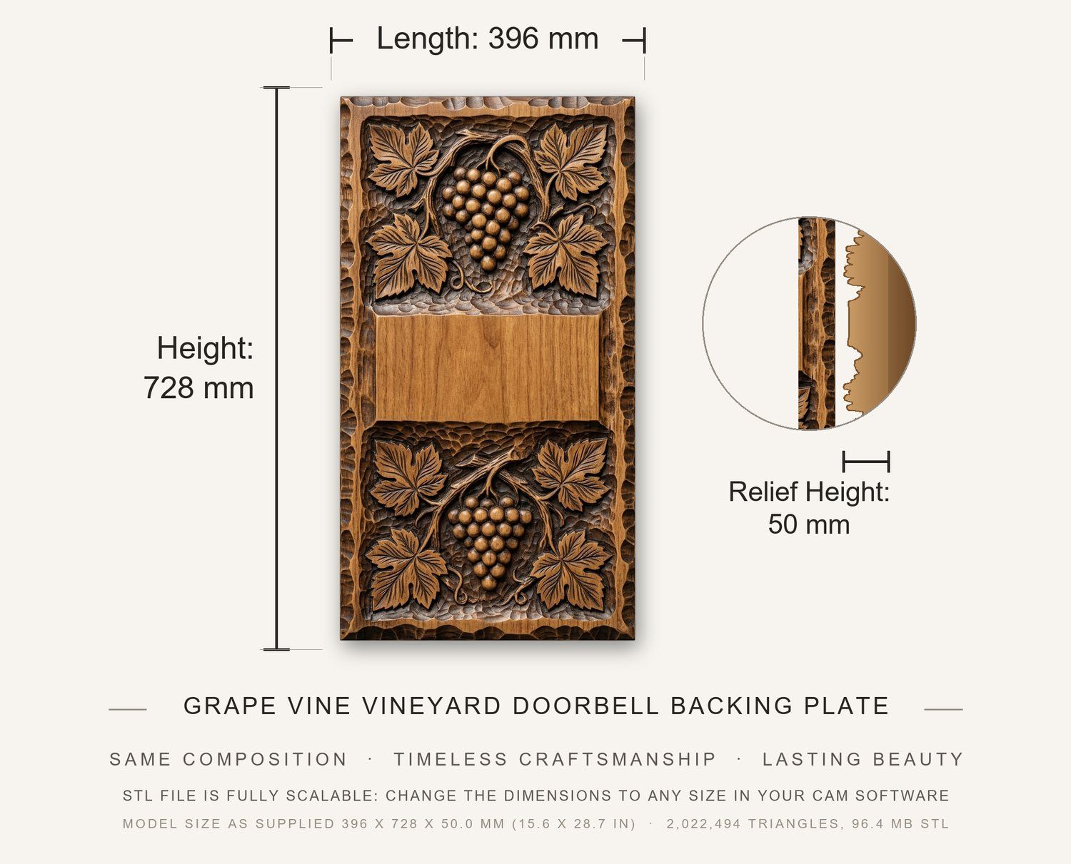 Grape Vine Vineyard Doorbell Backing Plate CNC Relief STL bas-relief STL — view 3