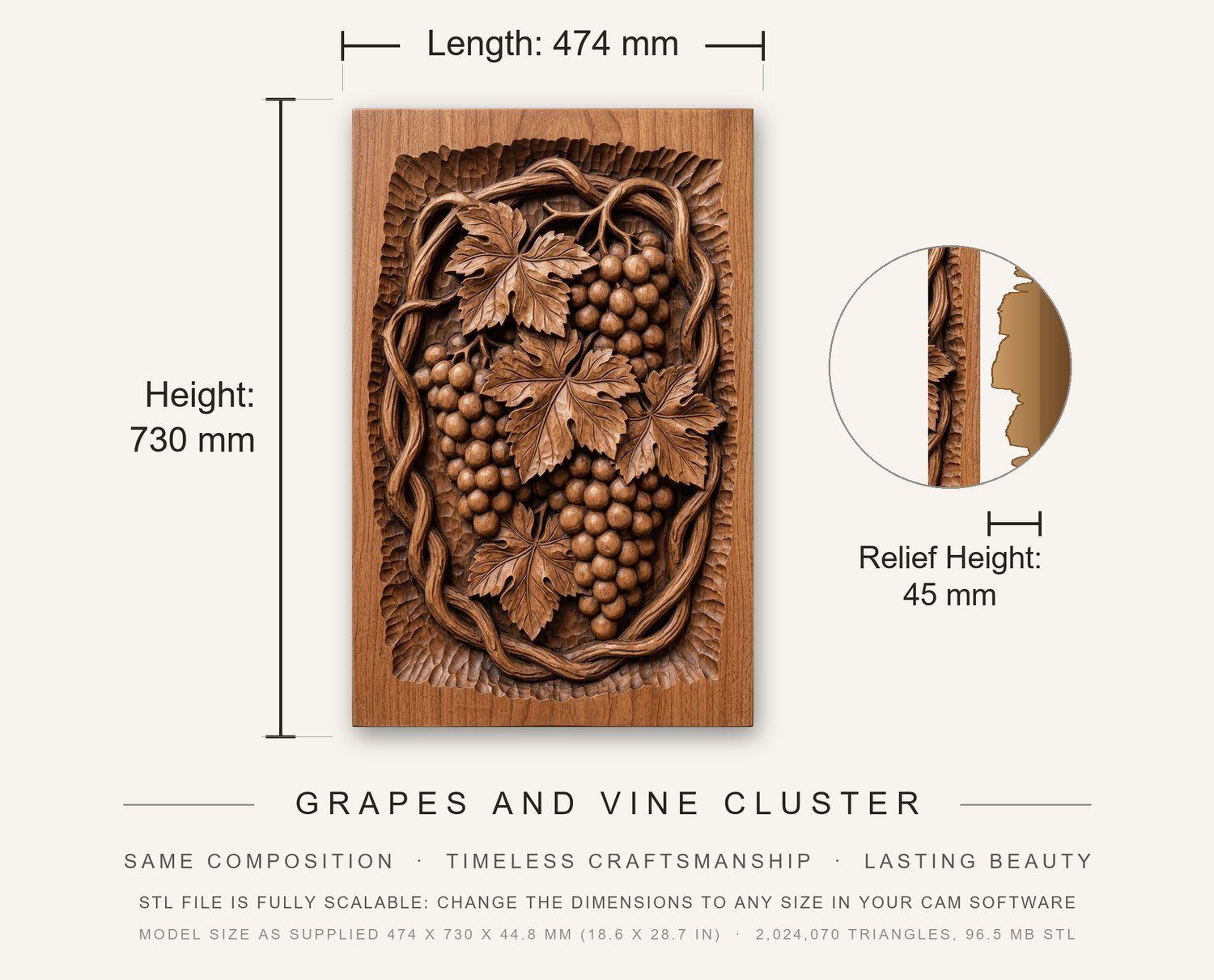 Grapes and Vine Cluster CNC Relief STL bas-relief STL — view 12