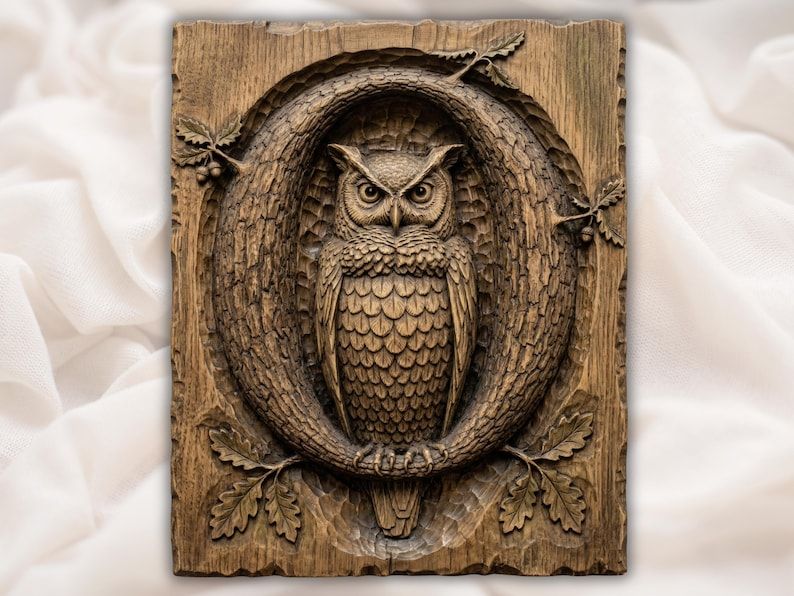 Carved wood bas-relief of a great horned owl framed by a tree-ring oval with oak leaves and acorns.