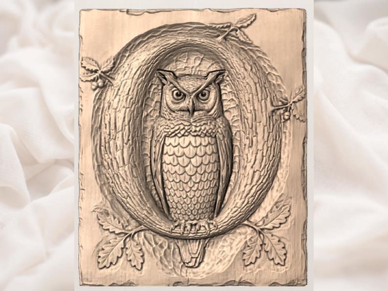 Great Horned Owl in an Oak Ring Bas-Relief STL bas-relief STL — view 3