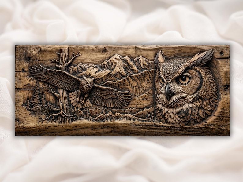 Carved wood bas-relief of a great horned owl portrait and a flying owl over mountain peaks and pine forest.