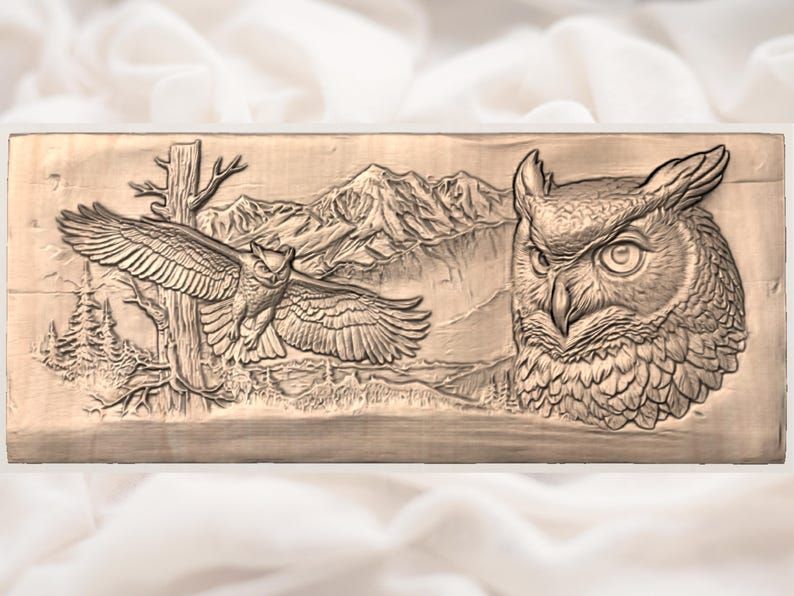 Great Horned Owl and Mountain Wilderness Bas-Relief STL bas-relief STL — view 2