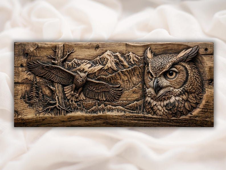 Great Horned Owl and Mountain Wilderness Bas-Relief STL bas-relief STL design