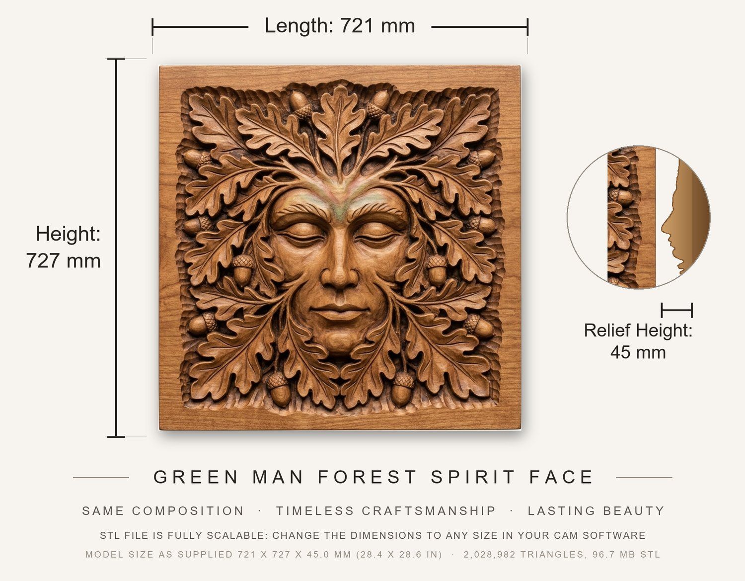 Green Man Forest Spirit Face CNC Relief STL bas-relief STL — view 3