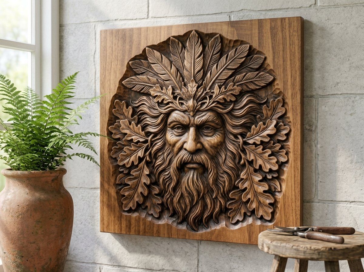 Green Man Forest Spirit Face Oak Leaves CNC Relief STL bas-relief STL — view 13