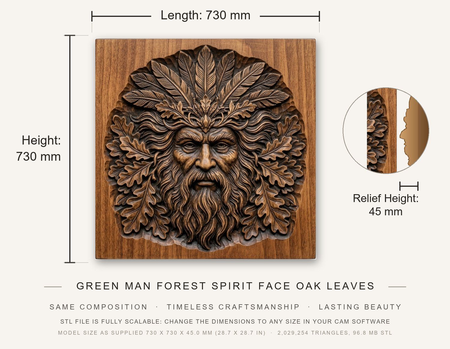 Green Man Forest Spirit Face Oak Leaves CNC Relief STL bas-relief STL — view 3