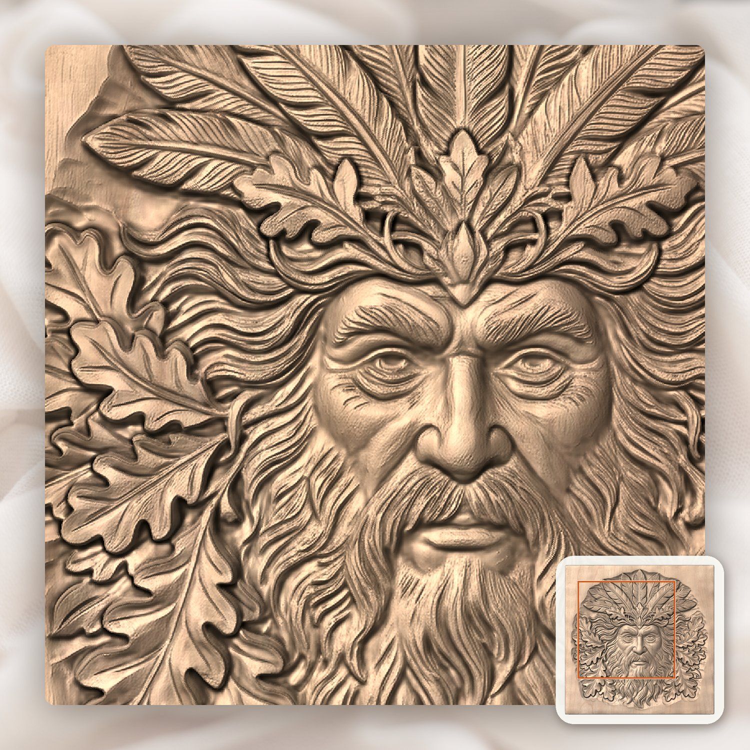 Green Man Forest Spirit Face Oak Leaves CNC Relief STL bas-relief STL — view 6