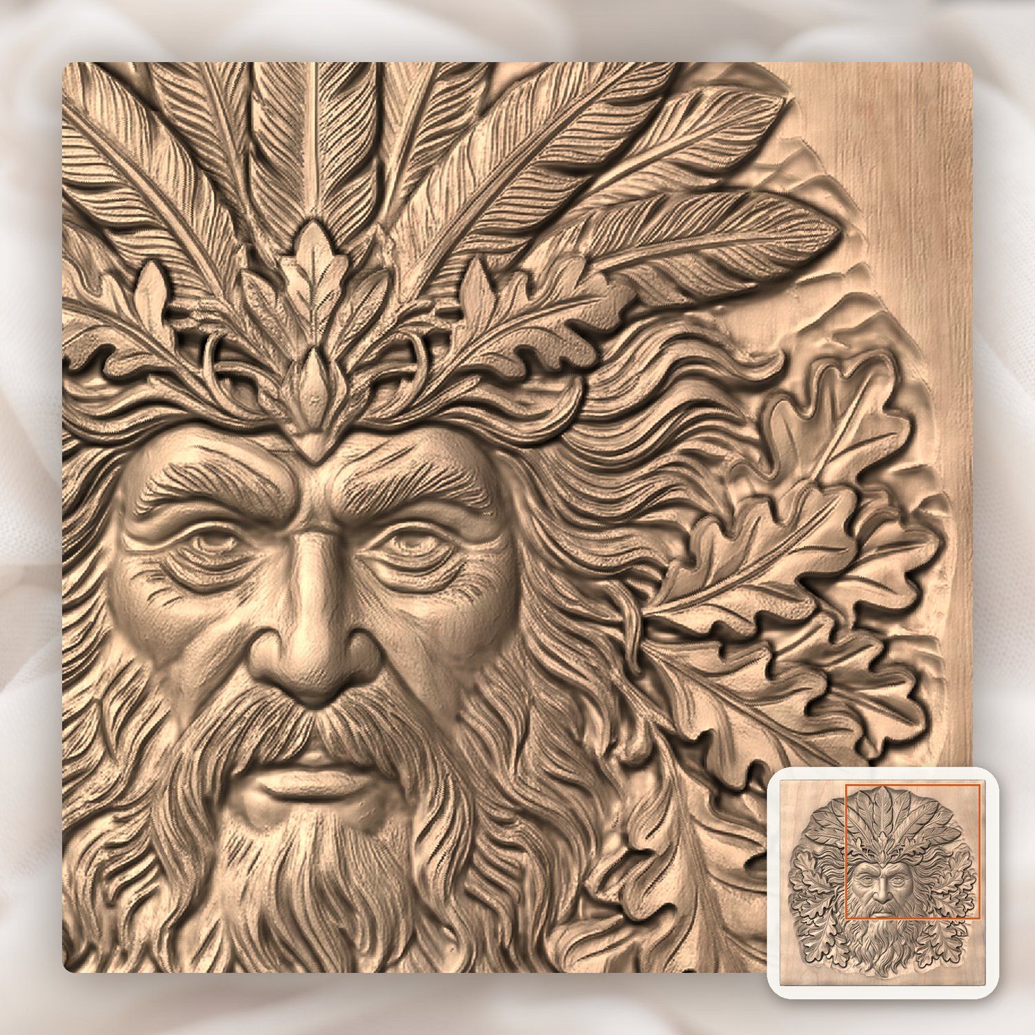 Green Man Forest Spirit Face Oak Leaves CNC Relief STL bas-relief STL — view 7
