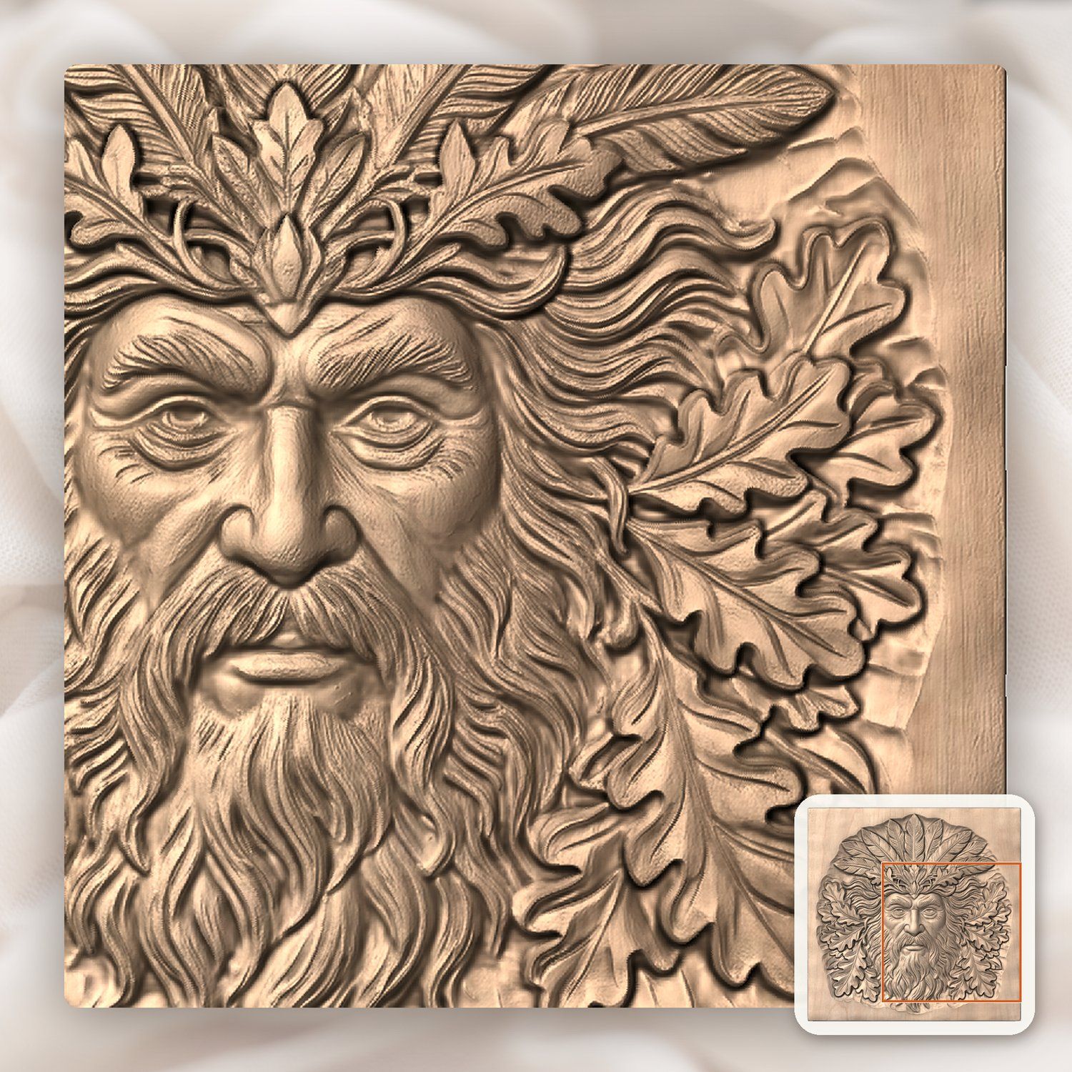 Green Man Forest Spirit Face Oak Leaves CNC Relief STL bas-relief STL — view 9